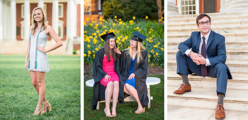 several images, side-by-side, of UVA students during a graduation (grad) photoshoot