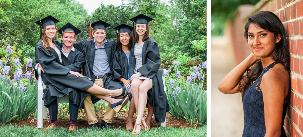 An image of a UVA student is next to an image of 5 UVA students in their caps and gowns during a grad photoshoot