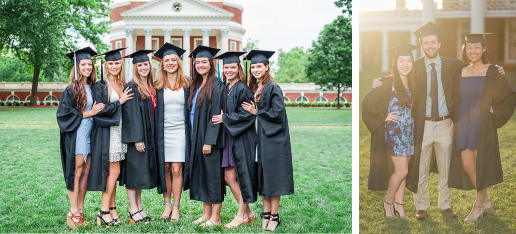 smiling grads as they pose for graduation photos at UVA wearing a cap and gown