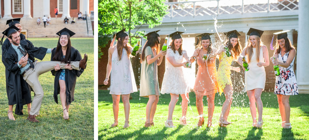 uva students popping champagne and having fun during a grad photoshoot