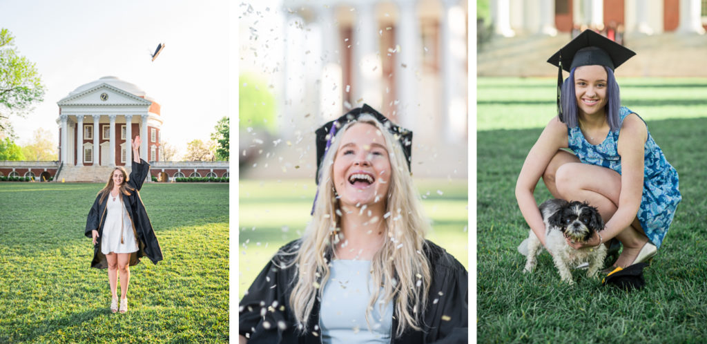 Students toss their cap, peer through confetti, and hug their dogs during UVA graduation sessions with Hunter and Sarah Photography