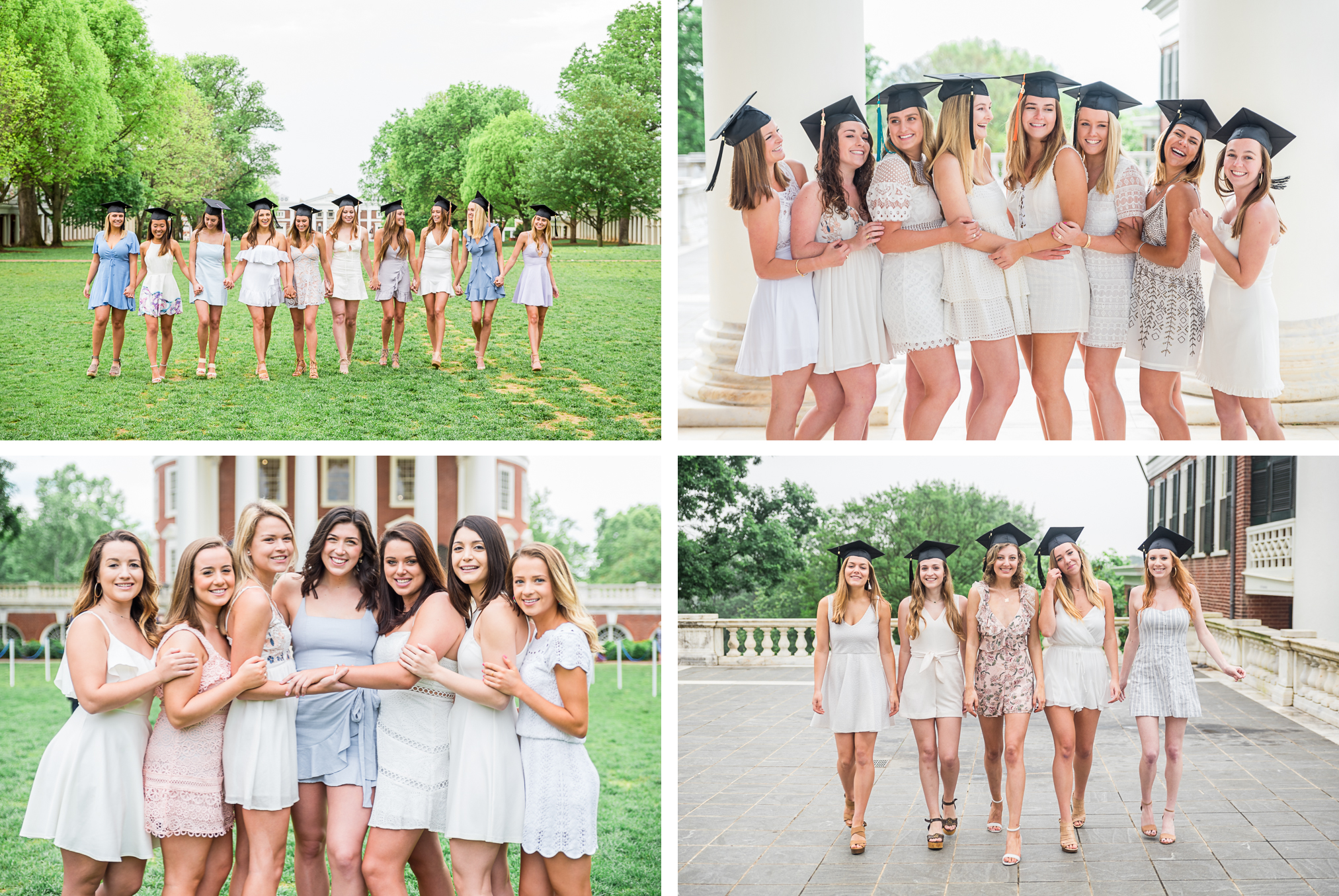 large groups of girls pose, laugh and smile during their groups of girls spray champagne during their UVA Graduation Photoshootss