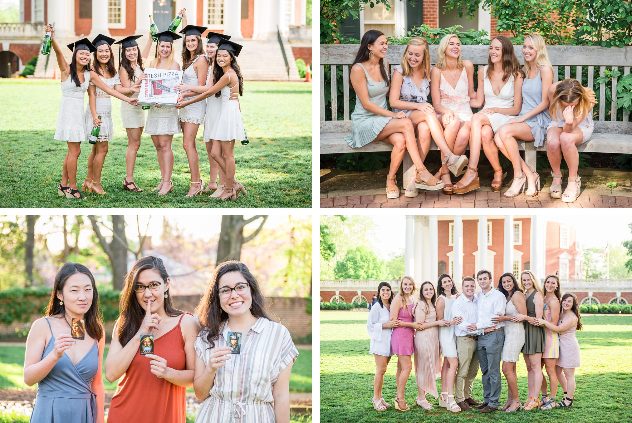 groups of girls pose during their UVA graduation photoshoots - with pizza, laughing, with board games or with friends