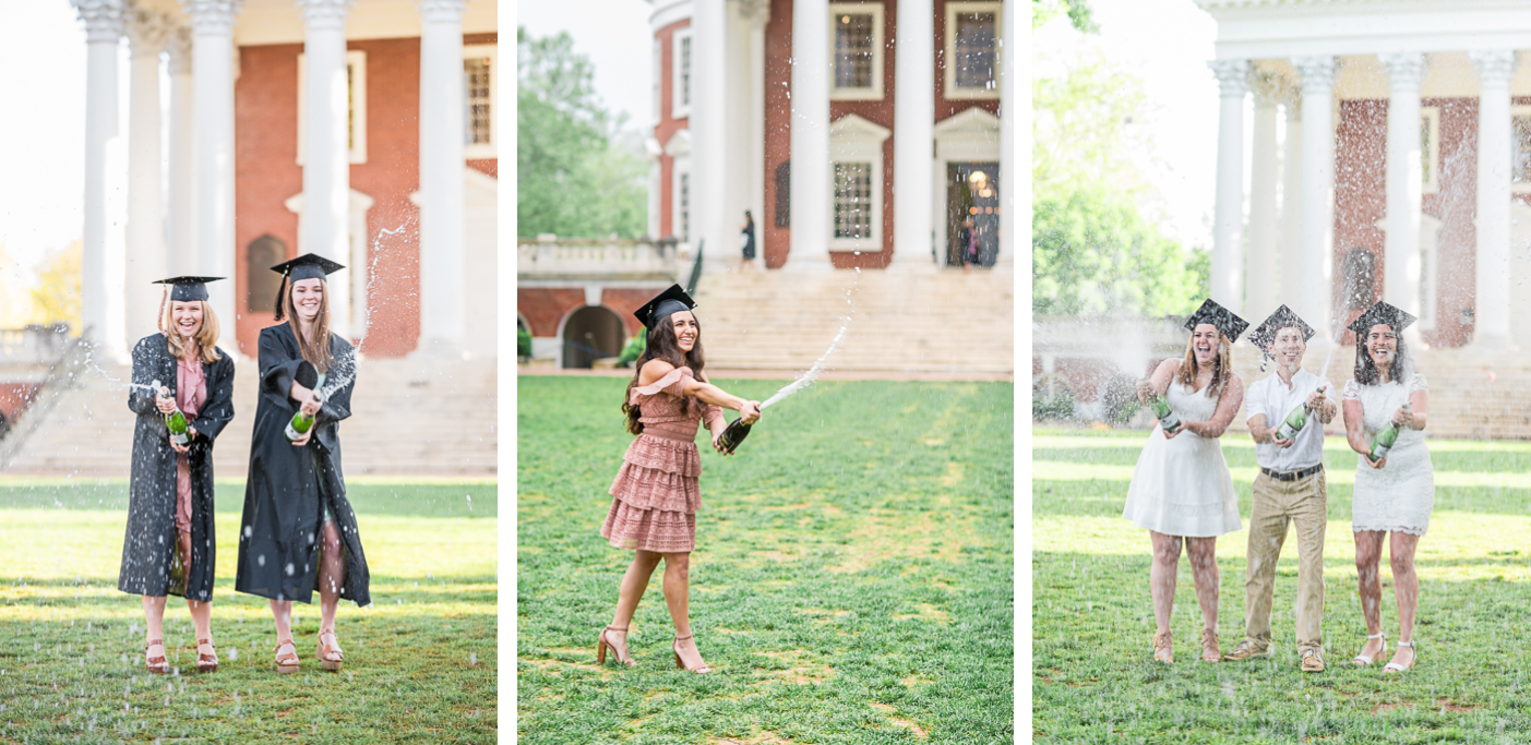 groups of girls spray champagne during their UVA Graduation Photoshoots