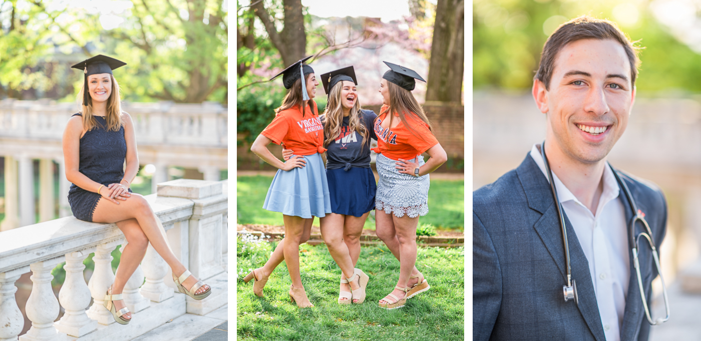 Girls and guys in their graduation caps smile and laugh during a UVA Graduation Photoshoot