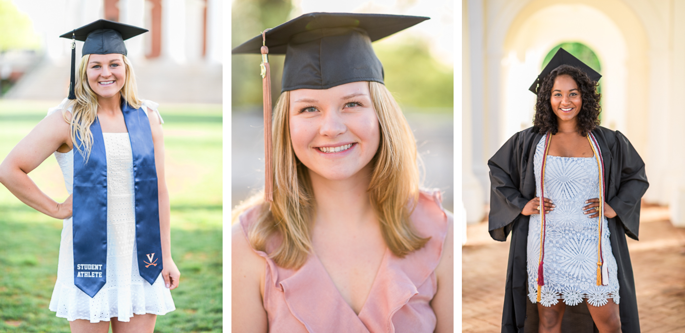 UVA grads smile during their graduation photoshoot, wearing caps and gowns on UVA's Lawn