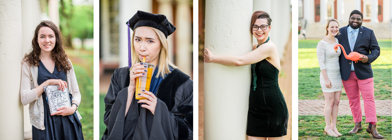uva grads pose during their graduation session with items that make them unique - sketch books, bubble tea or a pink flamingo