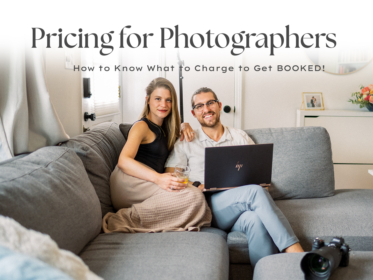 Two Photography Educators Sit on a Couch Discussing their Photography Pricing Workshop