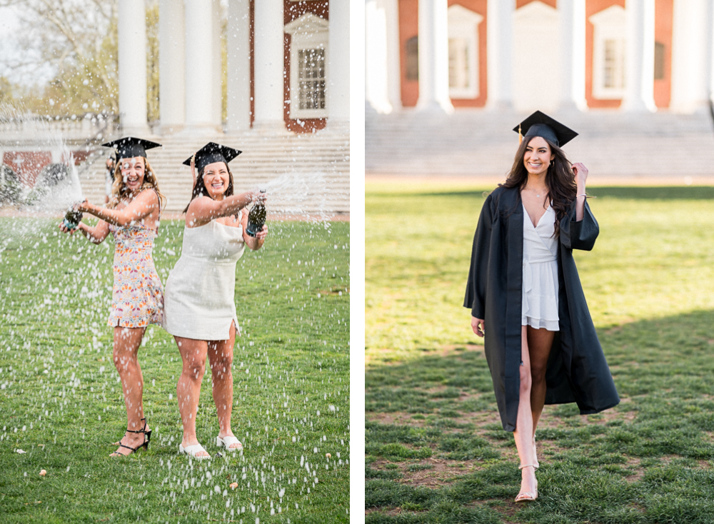 UVA students spray champagne and walk during their grad photoshoot, wearing their graduation caps and gowns