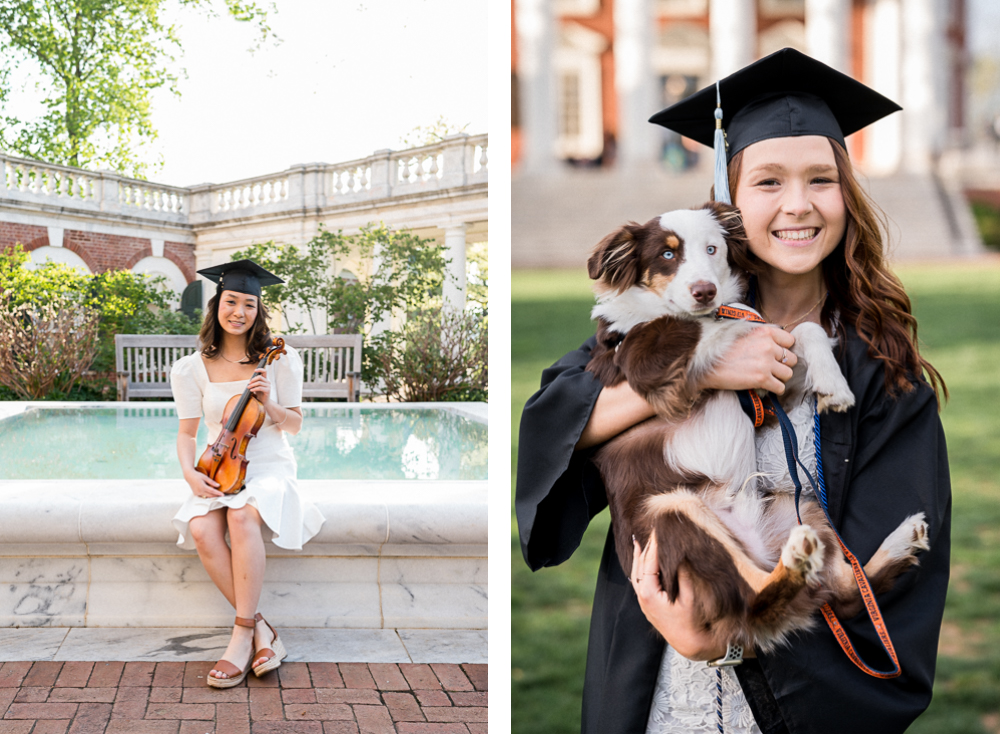 A UVA student poses with her violin and another with her dog during a UVA Graduation photoshoot