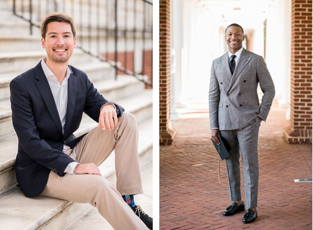 A white UVA student sits in khaki pants and a blue blazer. A Black UVA student poses for his picture in a very fancy grey suit with lots of buttons. He looks fire.