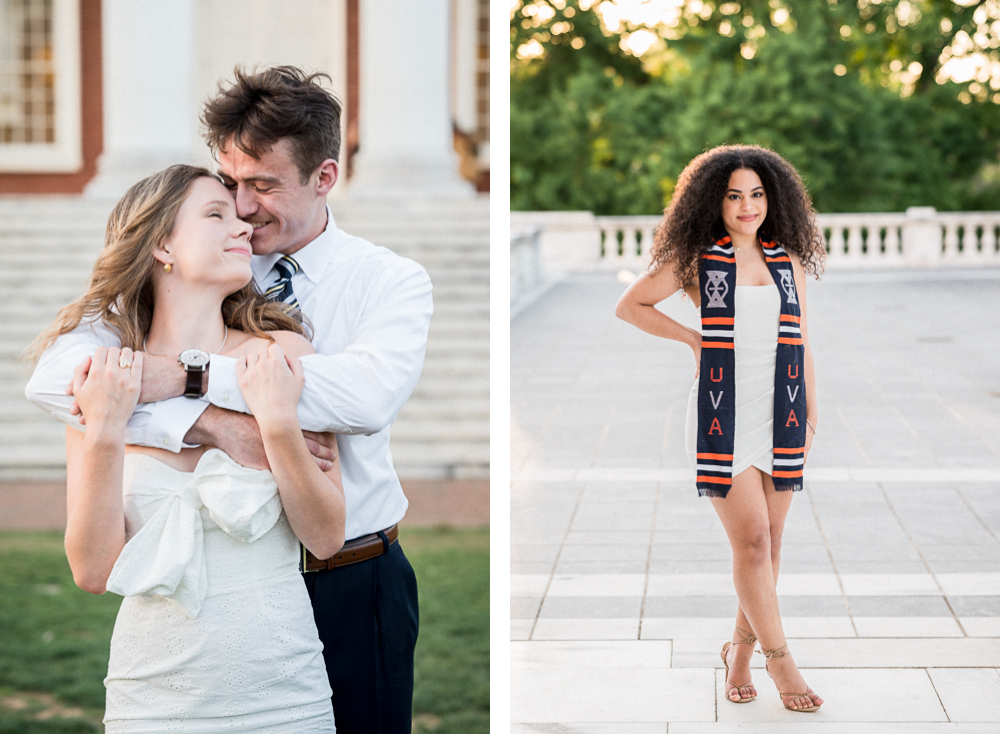 A couple embraces during their grad session; a black UVA senior smiles softly during her grad session