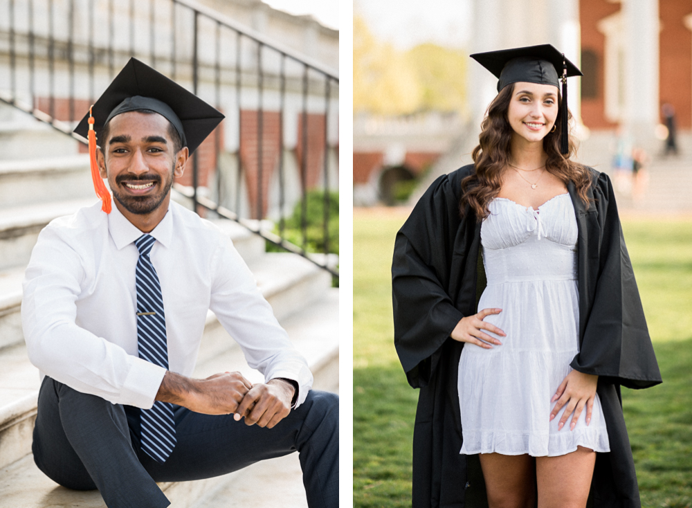 A guy and a girl smile at the camera during their UVA graduation sessions