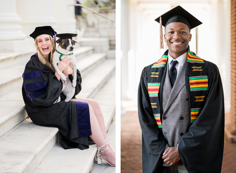 A Law School and Business School grad from UVA smile during their Grad Photo Sessions