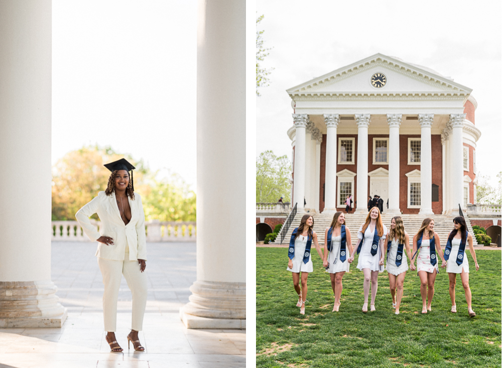 A solo grad, as well as a group of graduating seniors stand in front of the Rotunda during their UVA Grad session