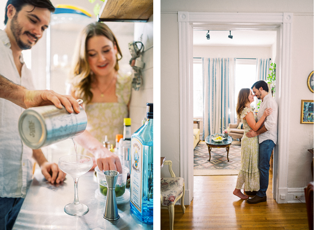 A couple makes a cocktail in their cozy apartment in the Fan, Richmond, VA as they smile and laugh together during a lifestyle engagement photoshoot