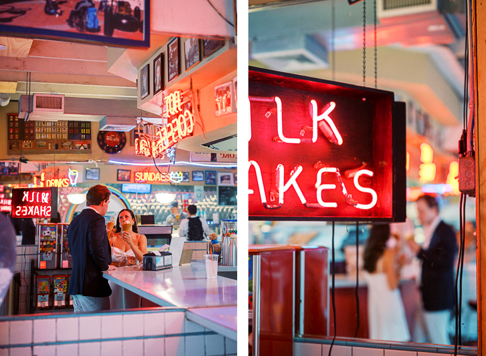 A couple shares an ice cream cone at Chap's Ice Cream on the Downtown Mall in Charlottesville VA as part of their engagement session