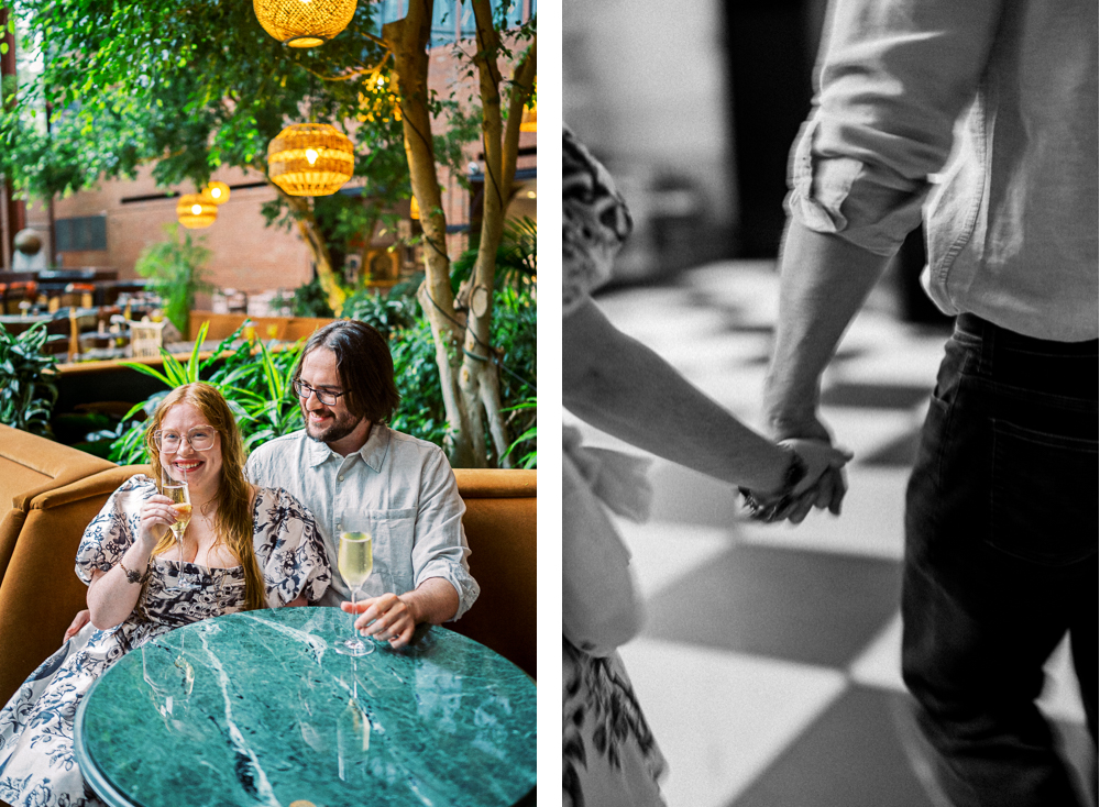 A couple laughs together over champagne inside the Omni Downtown Charlottesville. Their engagement photos were taken at the bar, and then at a local bookstore!