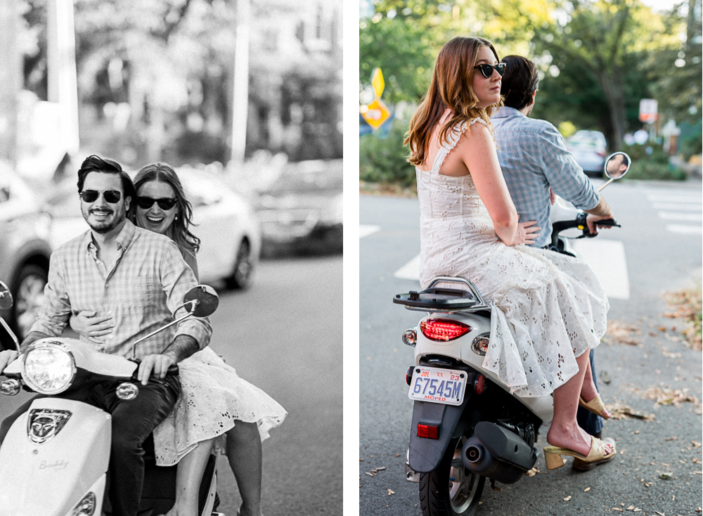 A couple rides their Vespa around as part of their engagement photoshoot in Richmond, VA